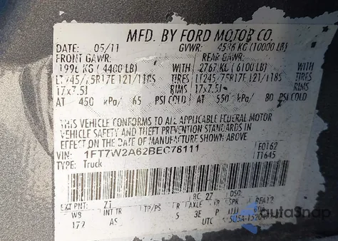 2011 Ford F-250 Xl from USA, damaged, VIN 1FT7W2A62BEC78111